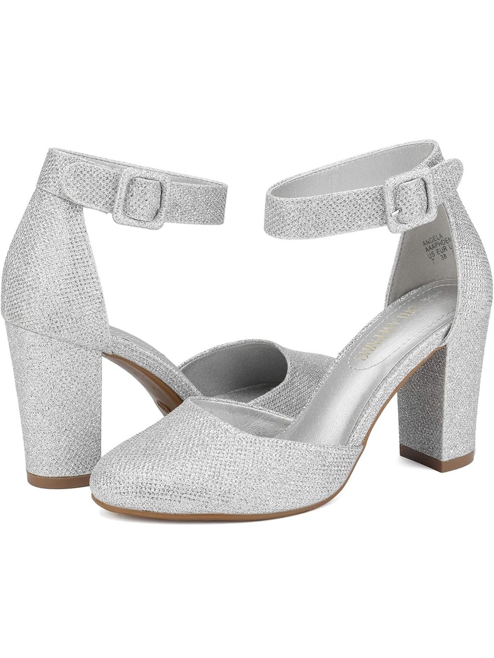 Silver Glitter Ankle-Strap Block Heel Closed Toe